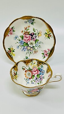 #ad Vintage Royal Albert Floral Heavy Gold Bone China England Teacup and Saucer $99.00