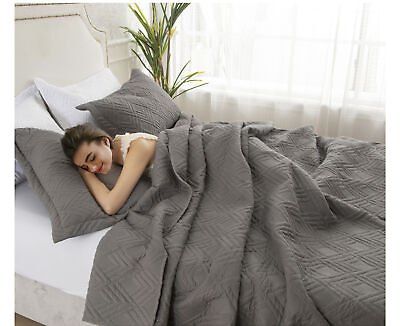 #ad Comforter Twin Queen King Quilt Set 3x Gray Rhombus Printed Bedspread BeddingSet $19.99