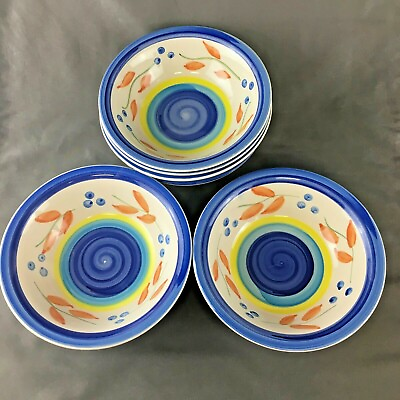 #ad Lot of 6 China Stoneware 7quot; Round Cereal Bowls Blue Swirl Berries Leaves $11.24