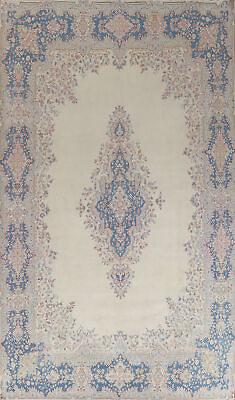 #ad Vintage Ivory Blue Wool Medallion Kirman Traditional Handmade Area Rug 10x14 $2091.00