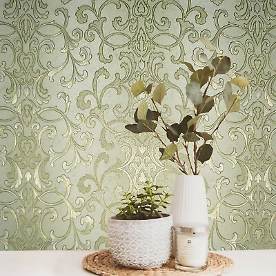 #ad Wallpaper textured Victorian damask green gold striped wall coverings rolls 3D $3.33