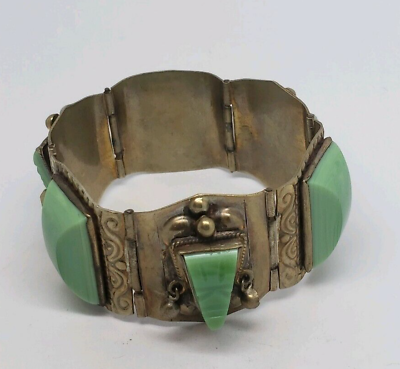#ad GORGEOUS VINTAGE MEXICO CARVED GREEN STONES TOTEM SILVER BRACELET $69.99