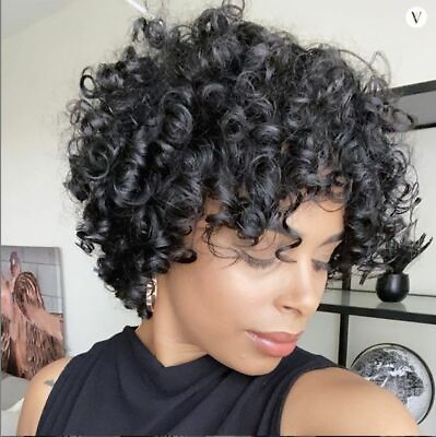 #ad Women#x27;s Short Afro Curly Bob Pixie Cut Black Wigs Brazilian 100% Human Hair Wigs $26.31