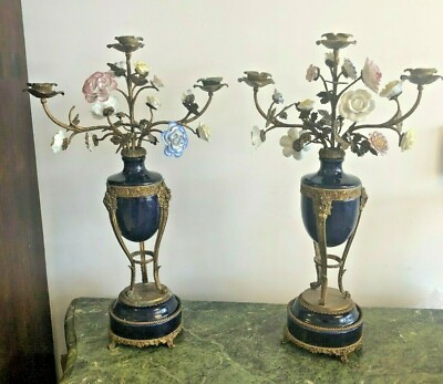 #ad Pair Bronze candelabras and porcelain urn hand made in France $1250.00