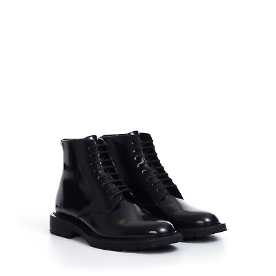 #ad SAINT LAURENT 1150$ Lace Up Army Boots Shiny Black Calfskin Leather $644.00