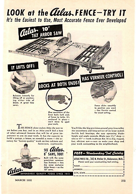 #ad 1952 Print Ad Atlas Press Co 10quot; Tilt Arbor Saw Fence It Lifts Off Locks Both $11.99