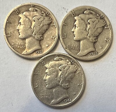 #ad 1931 S 1935 S 1944 S SET OF 3 MERCURY DIMES COINS SAME AS SHOWN IN PHOTO #37 $19.99