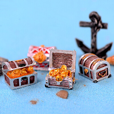 #ad 4Pcs Dollhouse Mini Treasure Chest Pirate Adventure Gold Coin Box Resin Ornament AU $4.93