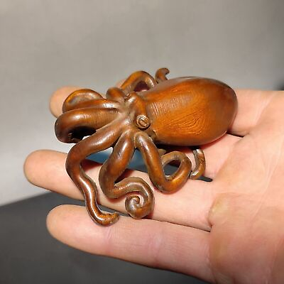 #ad Vintage Wooden Octopus Statue Carving Wood Carved Figure Decor Children Gift Art $18.99