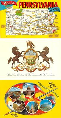 #ad 3 Chrome Postcards PA Pennsylvania MAP CARD COAT OF ARMS ARTIST PALETTE $5.89