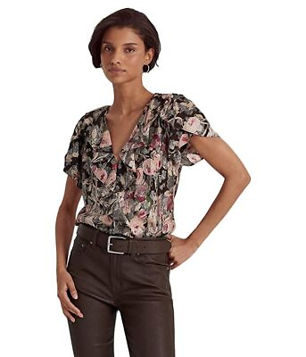 #ad Ralph Lauren Women#x27;s Top Sz XL Women Floral Metallic Jacquard Short Sleeve Pink $123.75