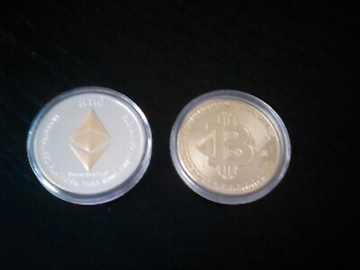 #ad 2 pc Bitcoin amp; ETH silver Gold Plated Cryptocurrency Commemorative Collection $15.95