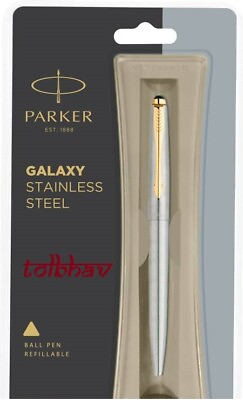 #ad Parker Galaxy Stainless Steel GT Gold Trim Ballpoint Pen Fine Tip Blue Ink New $14.23