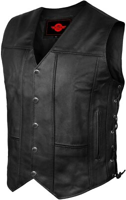 #ad Mens Genuine Leather 10 Pockets Motorcycle Biker Vest ANARCHY Black SOA Riding $39.99