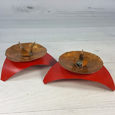 #ad Vintage Copper amp; Red Metal Triangle Curved Base Brutalist Candle Holder Set 2 $39.99