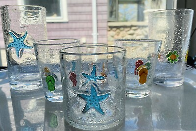 #ad Starfish Drinking Glass Applied Flip Flop Floral Bubble Mix Set Of 6 $53.29