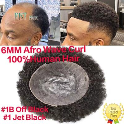 #ad Black Afro Curl Mens Toupee Poly Skin 100%Human Hair African American Hairpieces $149.46