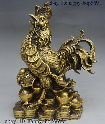 #ad 11quot; Chinese fengshui culture Brass Wealth Chicken ruyi money Rooster Cock Statue $228.48
