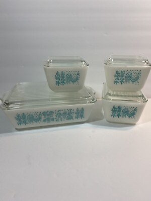#ad 8pc PYREX Amish Butter Print Refrigerator Set Turquoise 2 501 502 503 $149.88