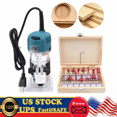 #ad 800W Wood Palm Router Tool Kit Compact 30000RPM with 15 Router Bits Set TOP $51.50