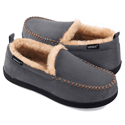 #ad Mens Moccasin Slippers Fuzzy Microsuede Memory Foam House Shoes Indoor Outdoor $23.39