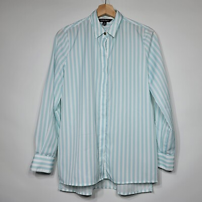 #ad Ellen Tracy Blouse Women Collar Blue White Stripe Button Small $14.99