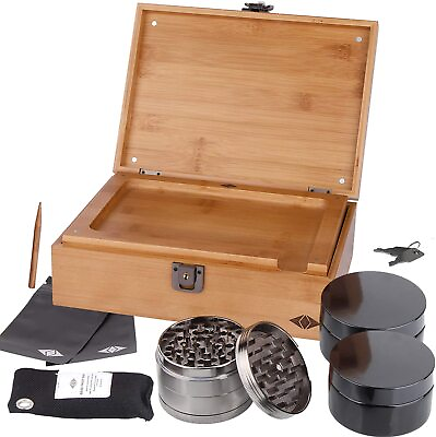 #ad Premium Large Stash Box Kit with Lock –Bamboo Wood Rolling Tray Premium Grinder $54.99