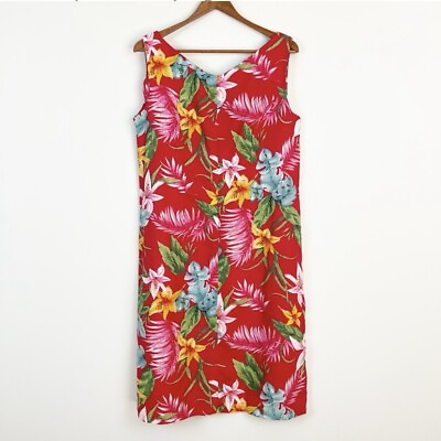 #ad Handmade Womens Linen Tropical Floral Print Sheath Dress Size M Red Hawaiian Zip $19.88