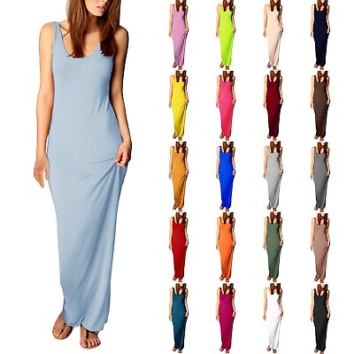 #ad Women Sexy Tank Top Long Dress Solid Casual Sleeveless Summer Beach Maxi Dress $19.39