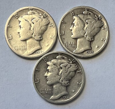 #ad 1927 D 1935 S 1931 S SET OF 3 MERCURY DIMES COINS SAME AS SHOWN IN PHOTO #31 $19.99