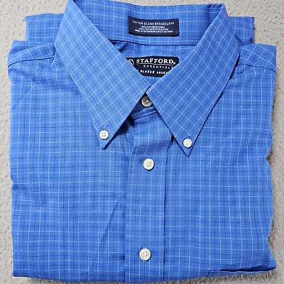 #ad Stafford Dress Shirt Mens 16.5 34 35 Grid Check Cotton Broadcloth Oxford Travel $21.16
