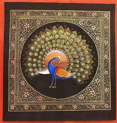 #ad Royal Golden Peacock Handmade Traditional Indian Fine Miniature Paper Painting $127.49