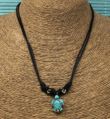 #ad Turquoise Blue Sea Turtle Charm with Black Cord Choker Necklace Turquoise Turtle $14.95