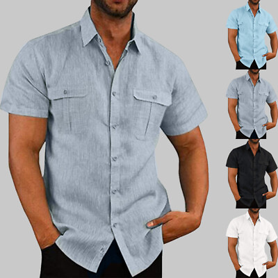 #ad Men Solid Short Sleeve T Shirts Beach Casual Button Down Formal Blouse Tops Tee $17.38