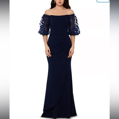 #ad Xscape Evenings 3 D Floral Sleeve Off the Shoulder Gown New With Tags Navy Blue $130.00
