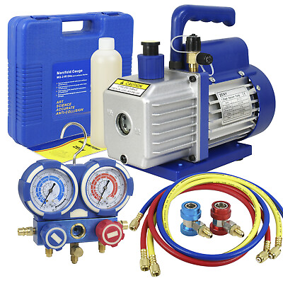 #ad 35CFM 1 4HP Air Vacuum Pump HVAC and Solid R134A Kit AC A C Manifold Gauge $102.58