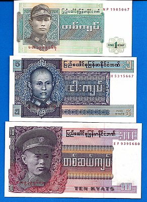 #ad Burma Myanmar 1 5 10 Kyats Uncirculated Paper Money Currency Banknotes Set #9 $2.95