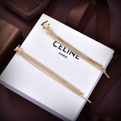 #ad CELINE Logo Gold Crystal Tassel Stud Earrings $98.00