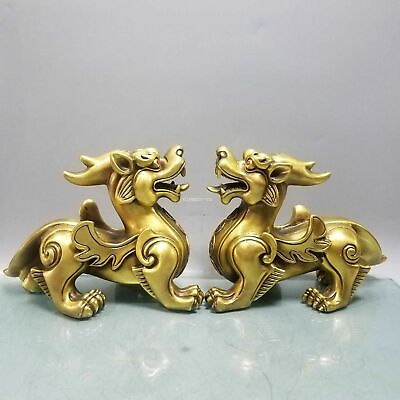 #ad pair 10#x27;#x27; brass copper casting china feng shui treasure wealth dragon kylin $319.20