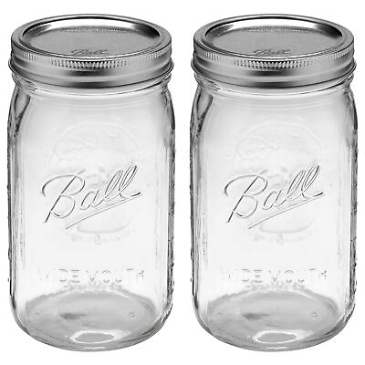 #ad Ball Wide Mouth 32 Ounces Quart Mason Jars with Lids and Bands Set of 2 $14.42