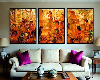 #ad Lee Man Fong Bali Life set of 3 unique painting reprints Bali triptych art GBP 199.00