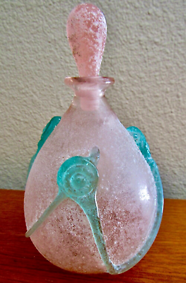 #ad VTG. Signed Large Frosted Pink White Teal Hand Blown Art Glass Perfume Bottle $45.00