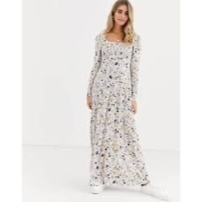 #ad ASOS DESIGN Womens long sleeve square neck shirred maxi dress in floral print 6 $32.97