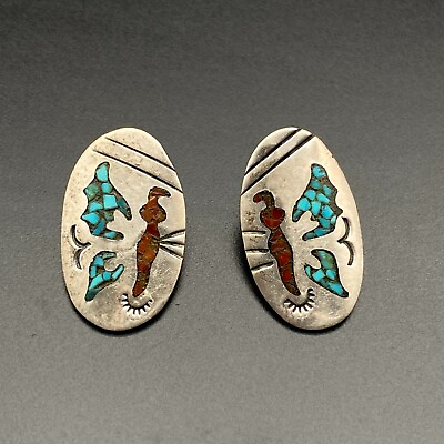 #ad Vintage Southwestern Butterfly Turquoise Coral Sterling Silver Earrings $65.00