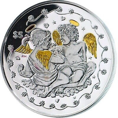 #ad Cherub Angels Love Proof Silver Coin 5$ British Virgin Islands 2013 Gold Gild $63.48
