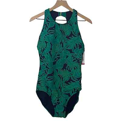 #ad Lands End Woman#x27;s Size M Green Tropical One Piece Swimsuit Swimming Pool Beach $34.00
