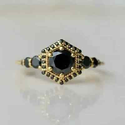 #ad 2Ct Round Cut Lab Created Black Diamond Engagement Ring 14K Yellow Gold Plated $95.00