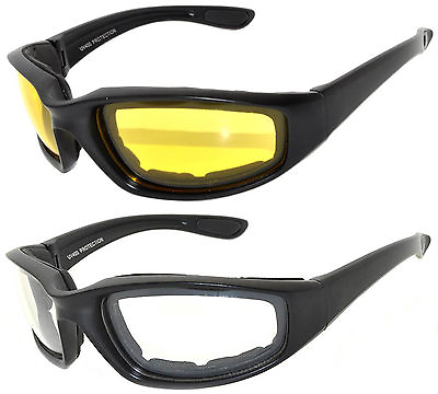 #ad 2 PAIR COMBO Padded Sunglasses Motorcycle Ride Foam Clear Yellow Night Driving $12.99