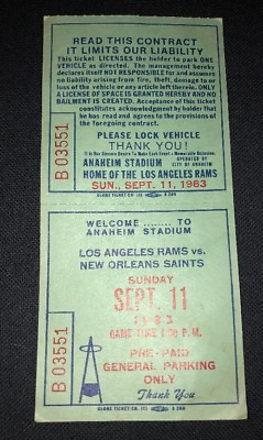 #ad 9 11 1983 LOS ANGELES RAMS Anaheim Stadium Parking Pass ERIC DICKERSON 1st TD $5.00
