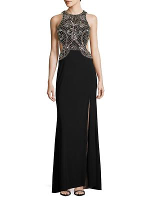 #ad XSCAPE Black Beaded Cutout Open Back Stretch Embellished Side Slit Jersey Gown 4 $63.20